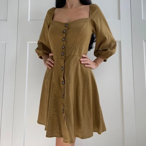 Zara Green Button Down Dress Zara Dresses Zara Linen Green Button Down  Square Neck Dress